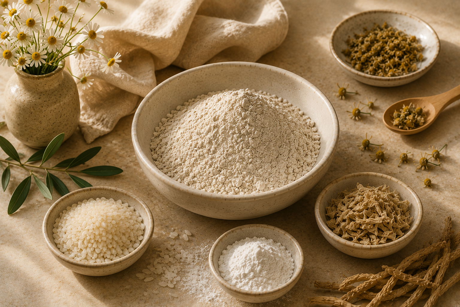 Dry Shampoo ingredients: kaolin clay, arrowroot powder, rice starch, and colloidal oat flour