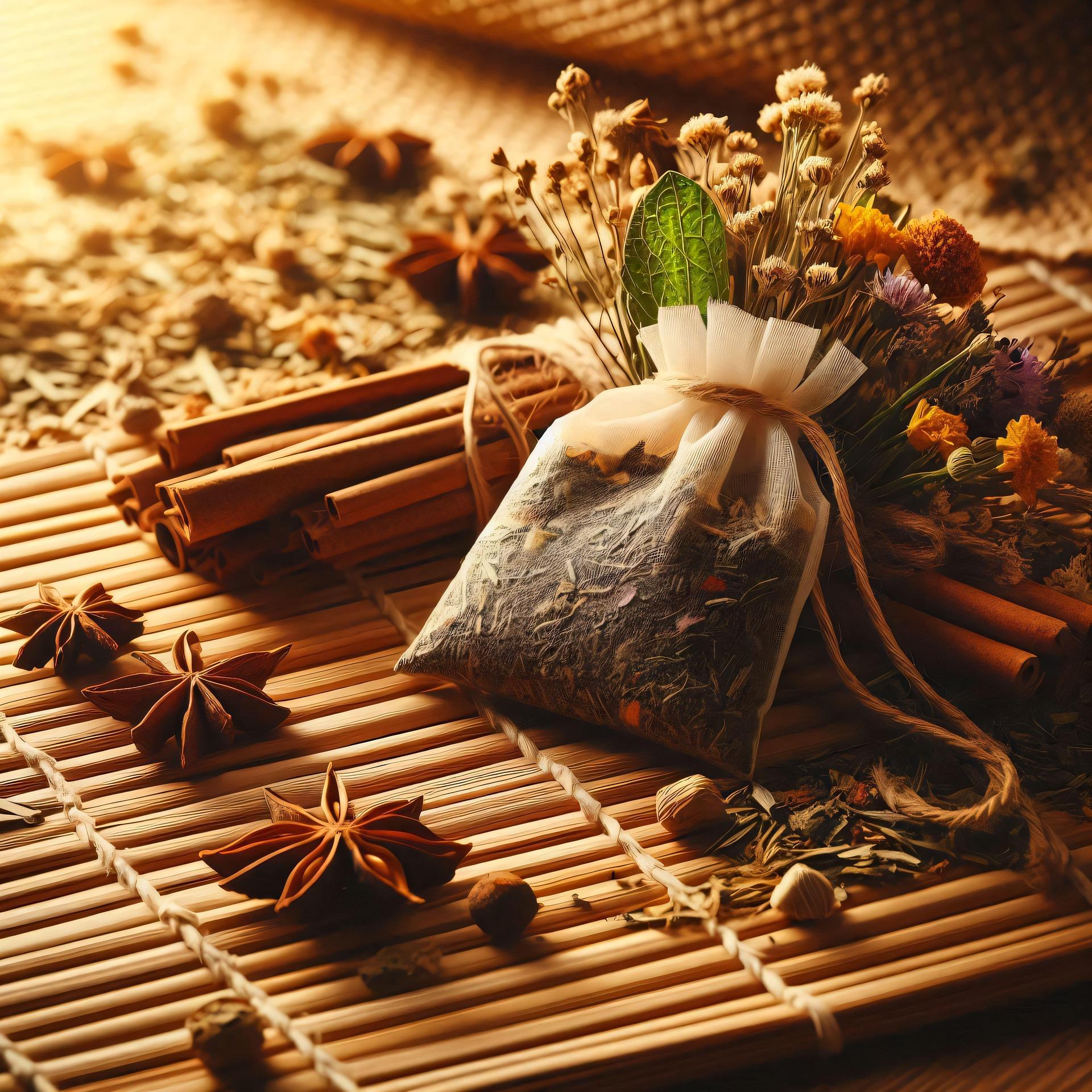 Artisanal botanical sachet with dried herbs, cinnamon, and star anise