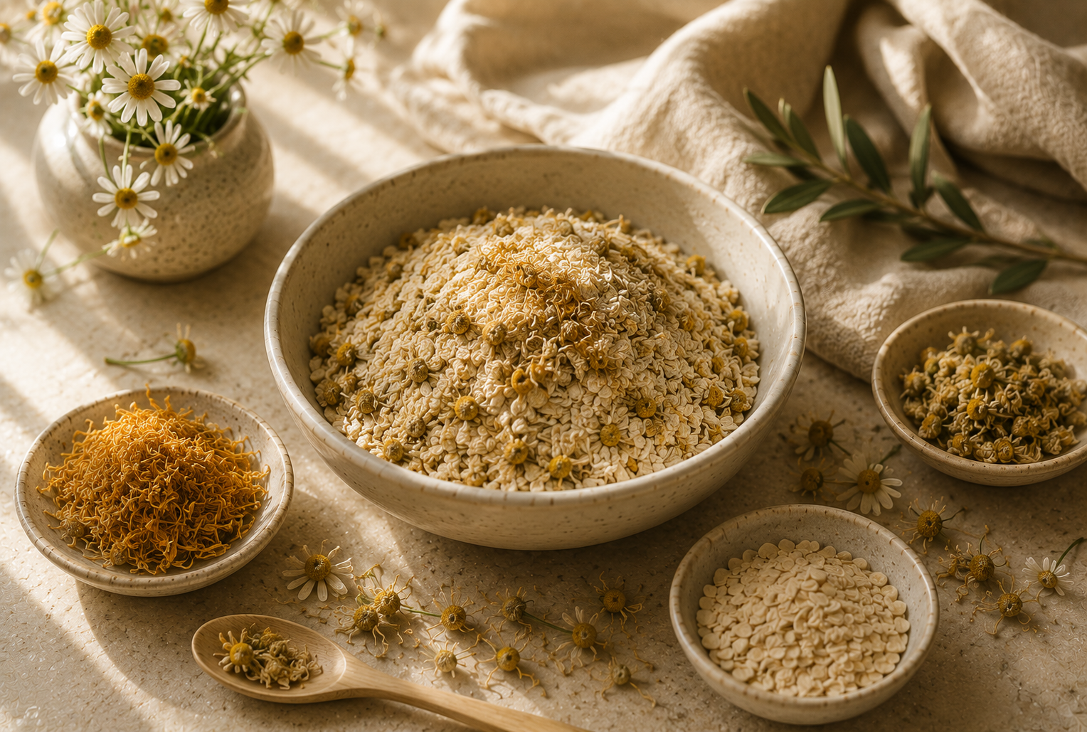 Bath Tea ingredients: colloidal oatmeal, marshmallow root, calendula petals, chamomile, and green rooibos