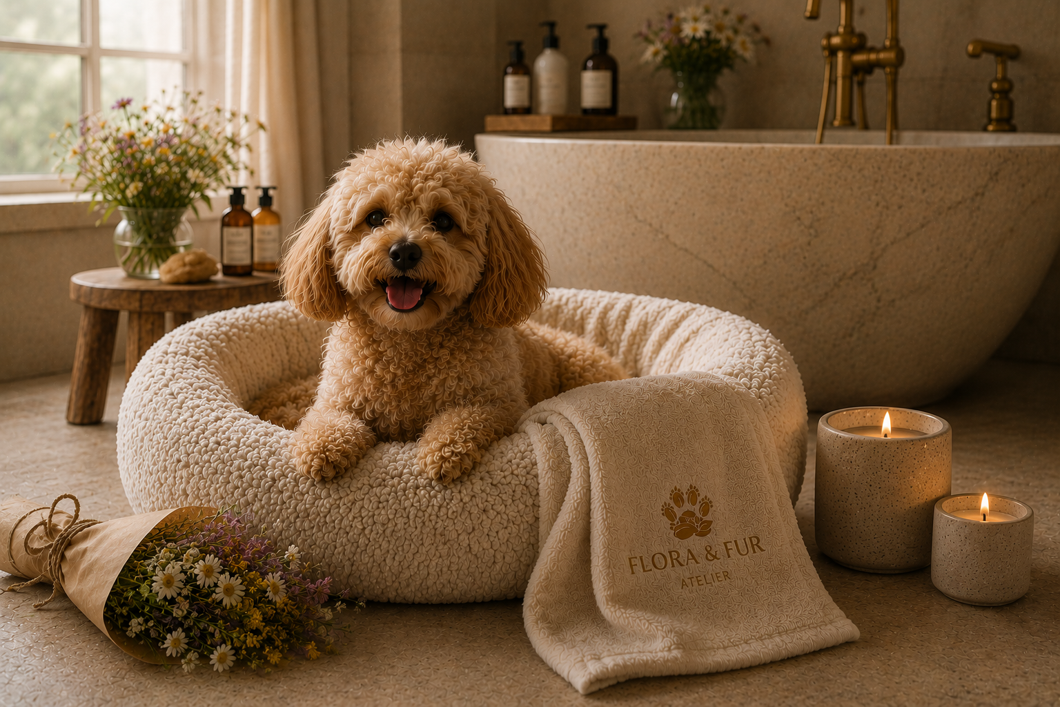 A companion wrapped in a soft towel beside a jar of Flora & Fur Dry Shampoo
